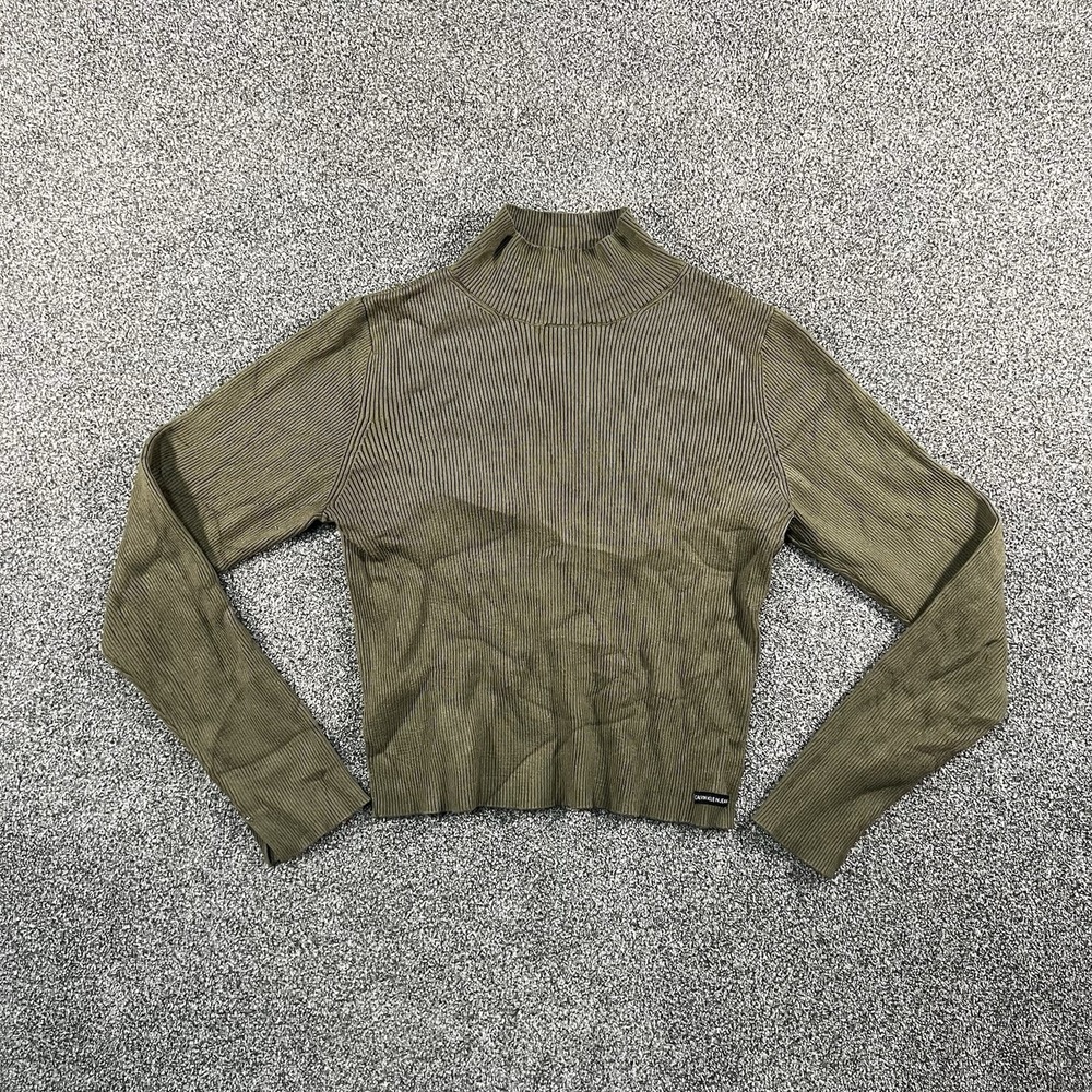 Calvin Klein Jeans Womens Large Olive Green Ribbed Mock Neck Sweater Pullover